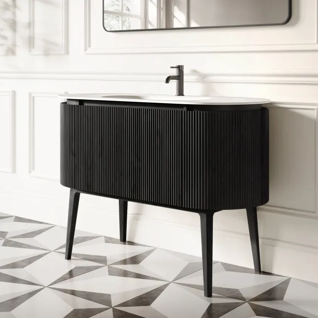 Positano Black Oak Curved Vanity Unit & Matt White Stone Basin 1200mm