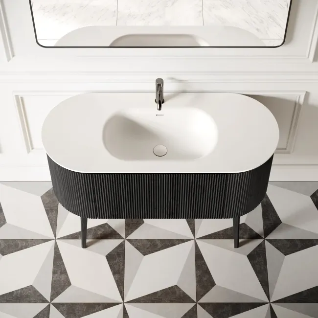 Positano Black Oak Curved Vanity Unit & Matt White Stone Basin 1200mm