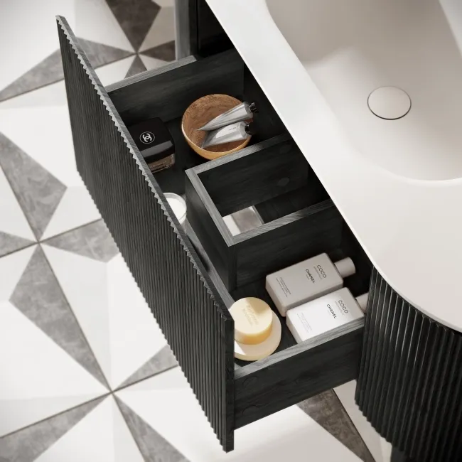Positano Black Oak Curved Vanity Unit & Matt White Stone Basin 1200mm