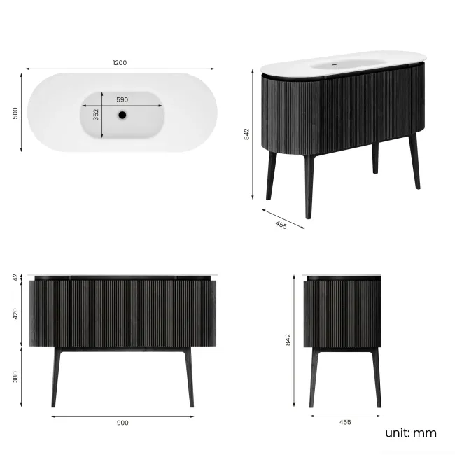 Positano Black Oak Curved Vanity Unit & Matt White Stone Basin 1200mm
