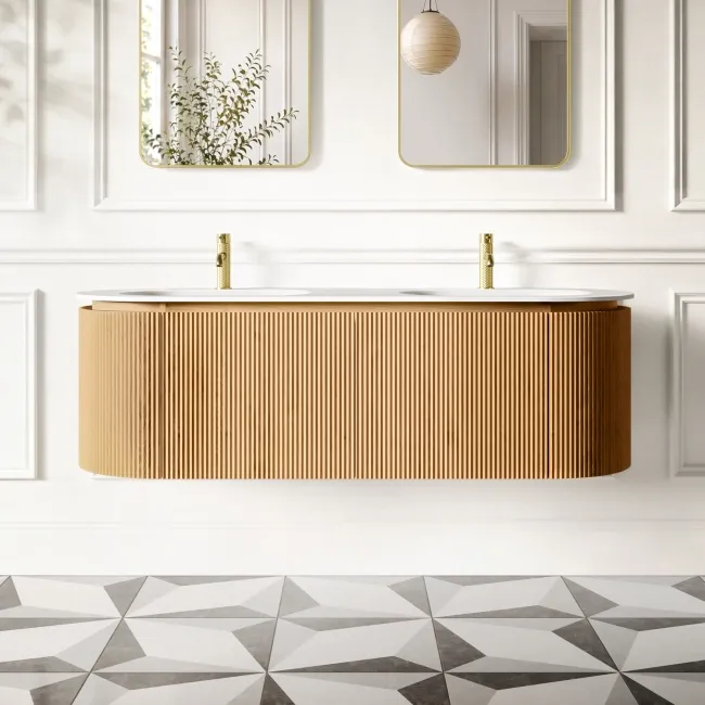 Positano Natural Oak Curved Wall Hung Basin Drawer Vanity 1500mm