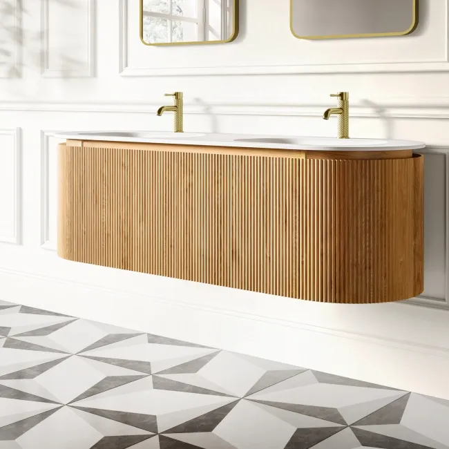 Positano Natural Oak Curved Wall Hung Basin Drawer Vanity 1500mm