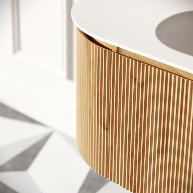 Positano Natural Oak Curved Wall Hung Basin Drawer Vanity 1500mm