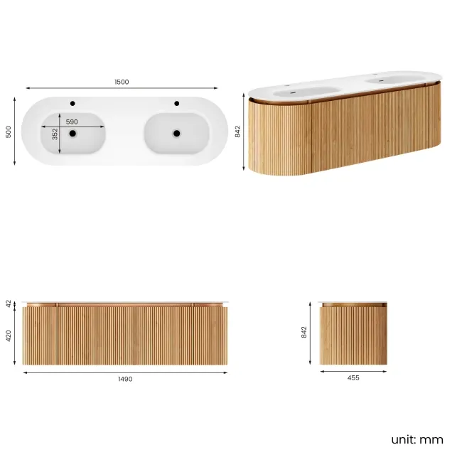 Positano Natural Oak Curved Wall Hung Basin Drawer Vanity 1500mm