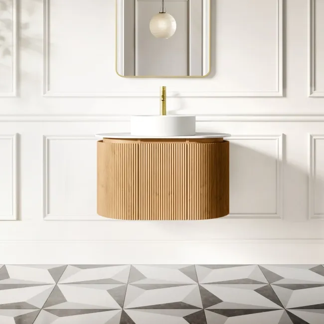 Positano Natural Oak Curved Wall Hung Vanity Drawer with Matt White Stone Top 800mm - Basin Not Included
