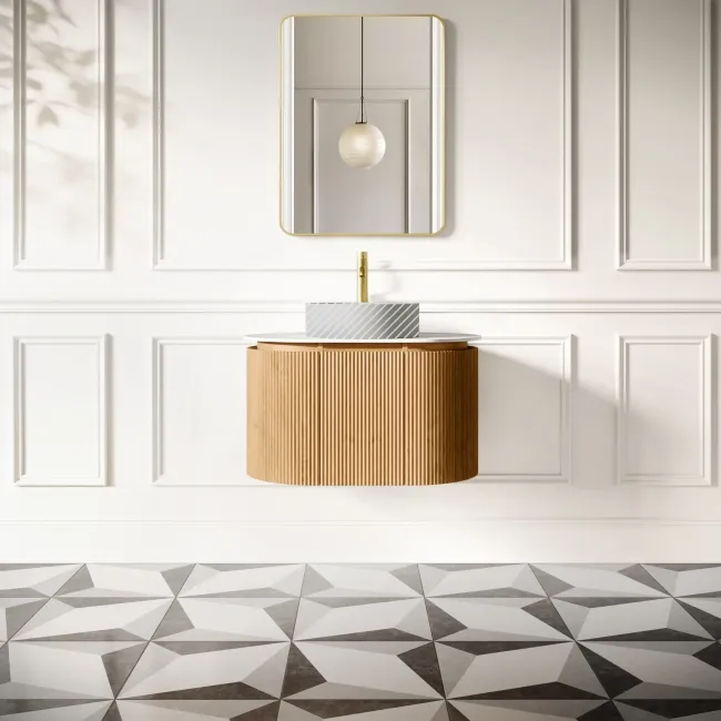 Positano Natural Oak Curved Wall Hung Vanity Drawer with Matt White Stone Top 800mm - Basin Not Included