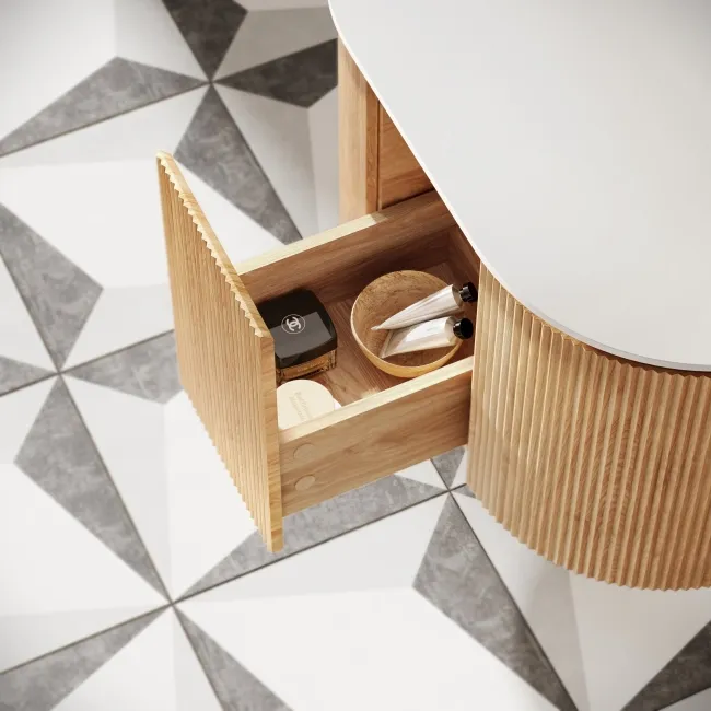 Positano Natural Oak Curved Wall Hung Vanity Drawer with Matt White Stone Top 800mm - Basin Not Included