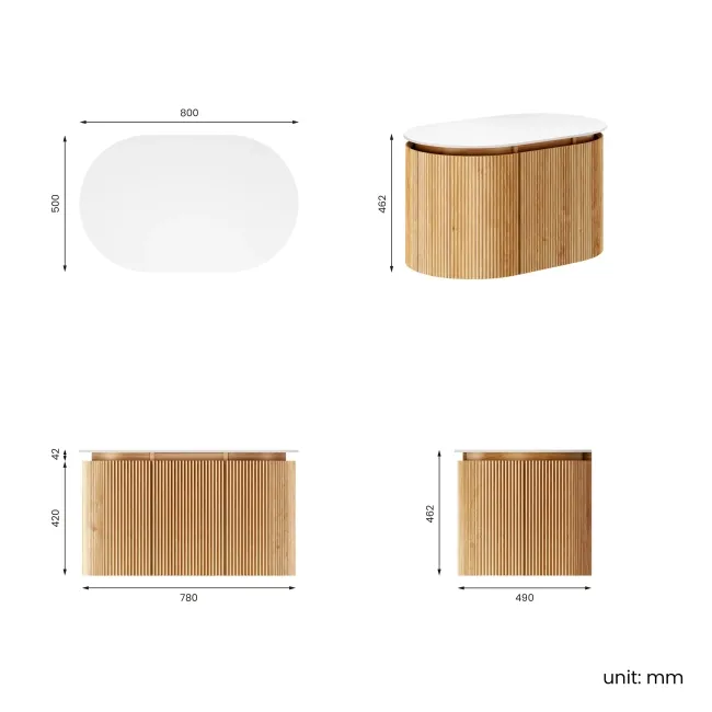 Positano Natural Oak Curved Wall Hung Vanity Drawer with Matt White Stone Top 800mm - Basin Not Included