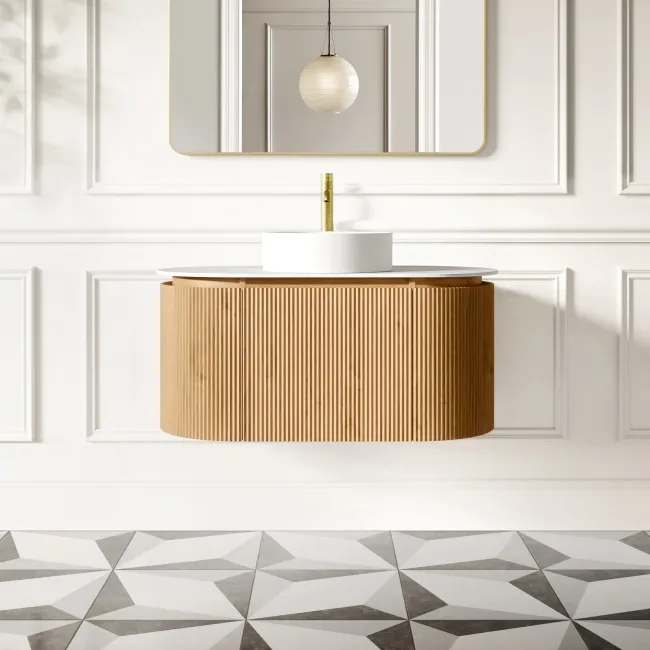 Positano Natural Oak Curved Wall Hung Vanity Drawer with Matt White Stone Top 1000mm - Basin Not Included