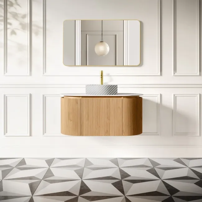 Positano Natural Oak Curved Wall Hung Vanity Drawer with Matt White Stone Top 1000mm - Basin Not Included