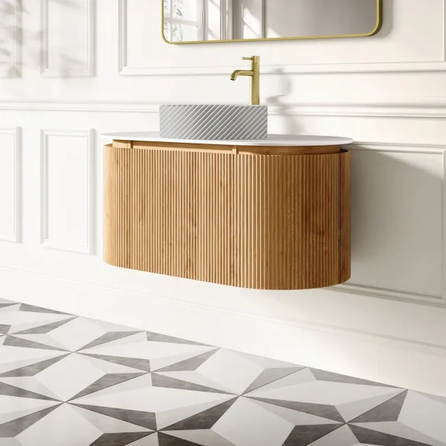 Positano Natural Oak Curved Wall Hung Vanity Drawer with Matt White Stone Top 1000mm - Basin Not Included