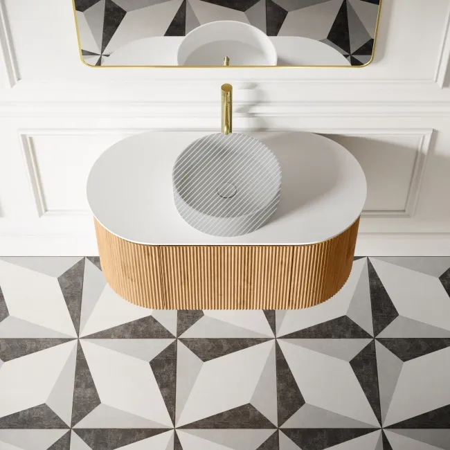 Positano Natural Oak Curved Wall Hung Vanity Drawer with Matt White Stone Top 1000mm - Basin Not Included