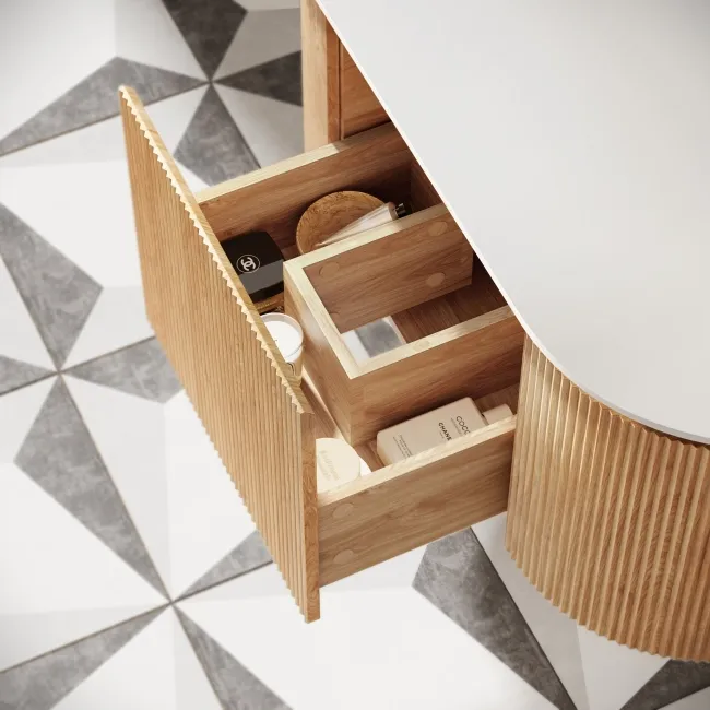 Positano Natural Oak Curved Wall Hung Vanity Drawer with Matt White Stone Top 1000mm - Basin Not Included