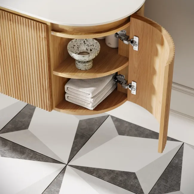 Positano Natural Oak Curved Wall Hung Vanity Drawer with Matt White Stone Top 1000mm - Basin Not Included