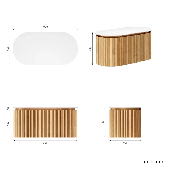 Positano Natural Oak Curved Wall Hung Vanity Drawer with Matt White Stone Top 1000mm - Basin Not Included