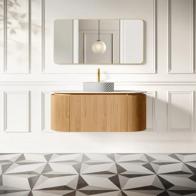 Positano Natural Oak Curved Wall Hung Vanity Drawer with Matt White Stone Top 1200mm - Basin Not Included