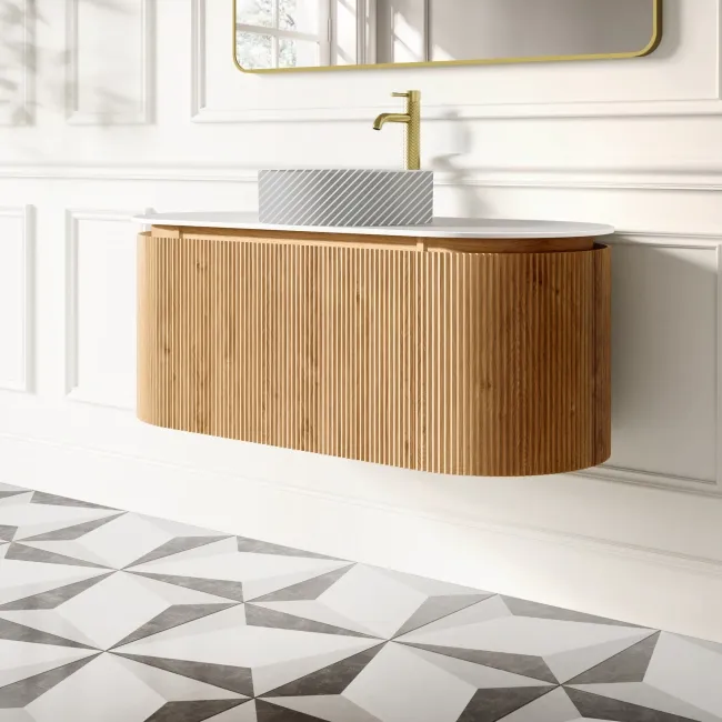 Positano Natural Oak Curved Wall Hung Vanity Drawer with Matt White Stone Top 1200mm - Basin Not Included