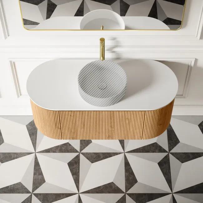 Positano Natural Oak Curved Wall Hung Vanity Drawer with Matt White Stone Top 1200mm - Basin Not Included