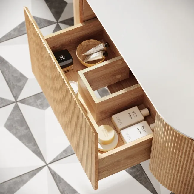 Positano Natural Oak Curved Wall Hung Vanity Drawer with Matt White Stone Top 1200mm - Basin Not Included