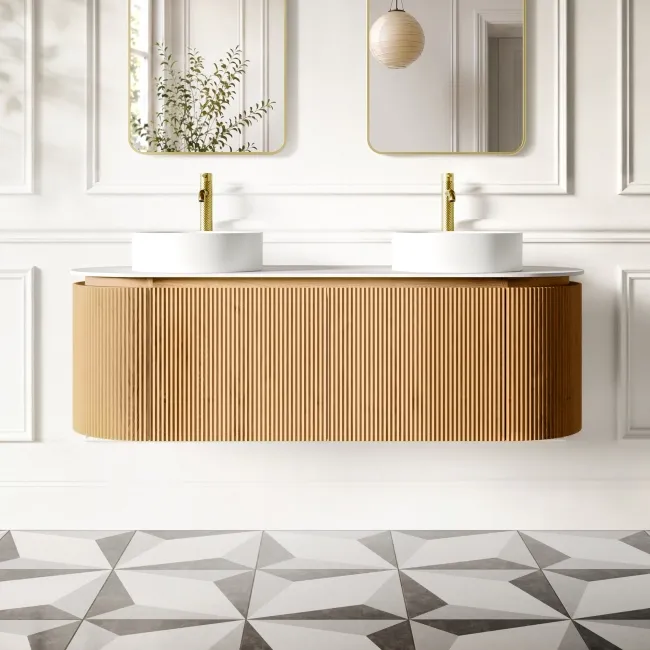Positano Natural Oak Curved Wall Hung Vanity Drawer with Matt White Stone Top 1500mm - Basin Not Included