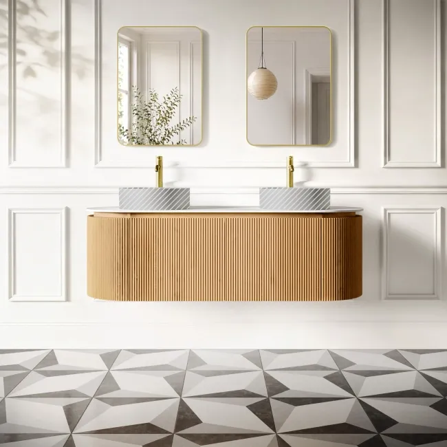 Positano Natural Oak Curved Wall Hung Vanity Drawer with Matt White Stone Top 1500mm - Basin Not Included
