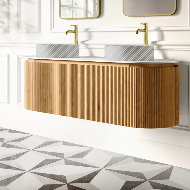 Positano Natural Oak Curved Wall Hung Vanity Drawer with Matt White Stone Top 1500mm - Basin Not Included