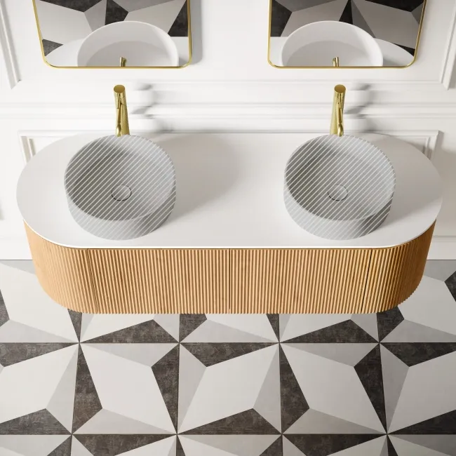 Positano Natural Oak Curved Wall Hung Vanity Drawer with Matt White Stone Top 1500mm - Basin Not Included