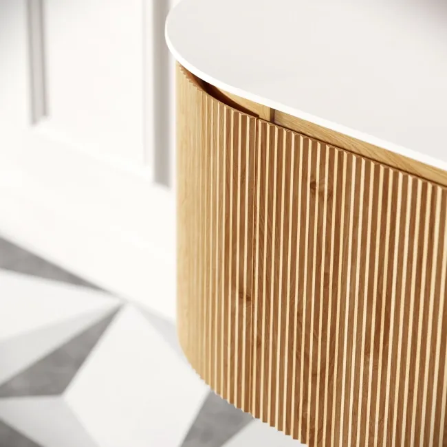Positano Natural Oak Curved Wall Hung Vanity Drawer with Matt White Stone Top 1500mm - Basin Not Included