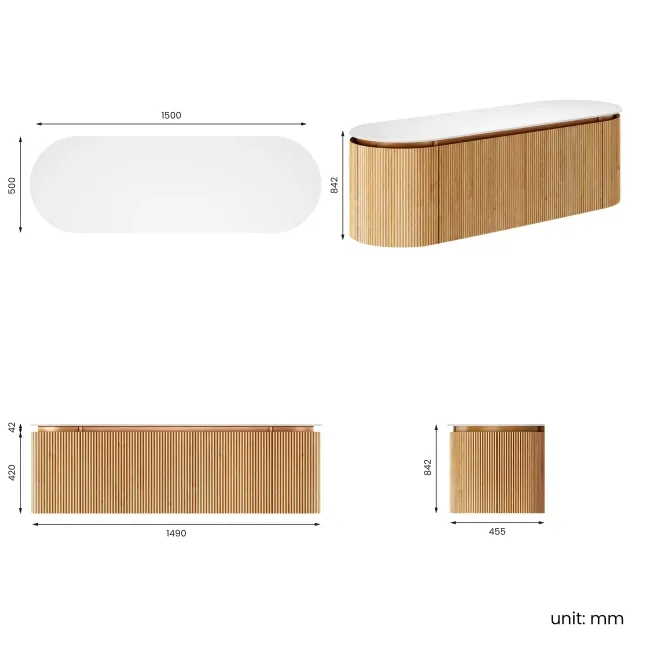 Positano Natural Oak Curved Wall Hung Vanity Drawer with Matt White Stone Top 1500mm - Basin Not Included