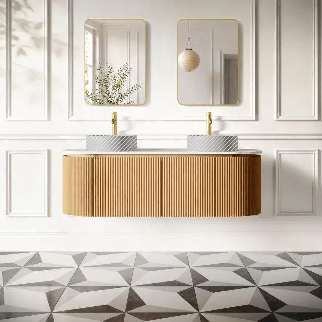 Positano Natural Oak Curved Wall Hung Vanity Drawer with Carrara Marble Top 1500mm - Basin Not Included