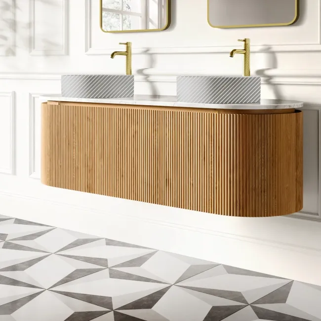 Positano Natural Oak Curved Wall Hung Vanity Drawer with Carrara Marble Top 1500mm - Basin Not Included