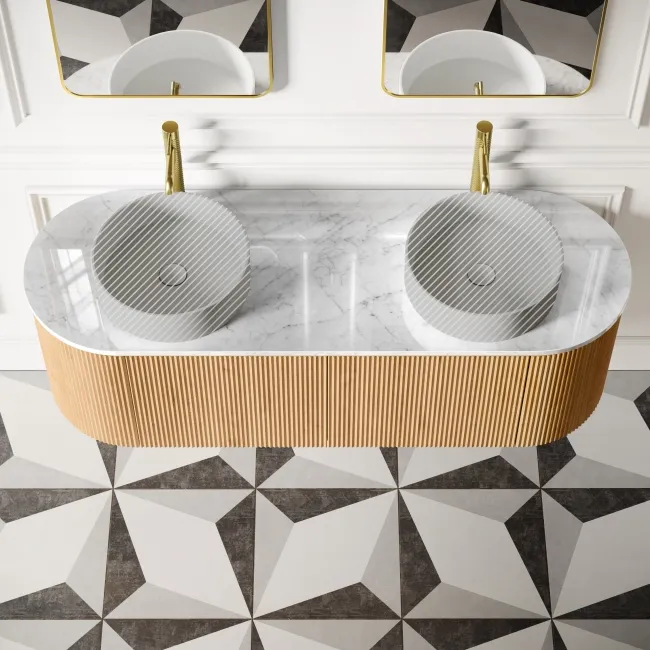 Positano Natural Oak Curved Wall Hung Vanity Drawer with Carrara Marble Top 1500mm - Basin Not Included