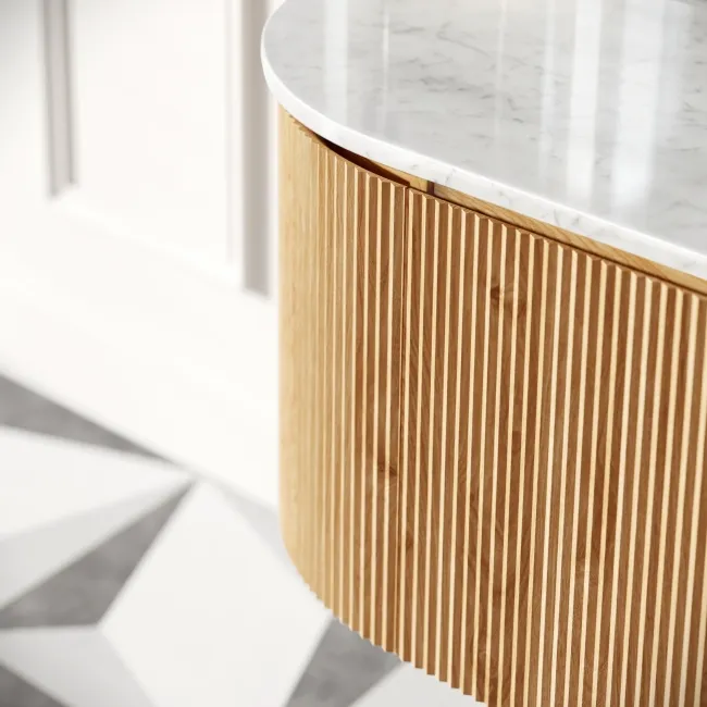 Positano Natural Oak Curved Wall Hung Vanity Drawer with Carrara Marble Top 1500mm - Basin Not Included