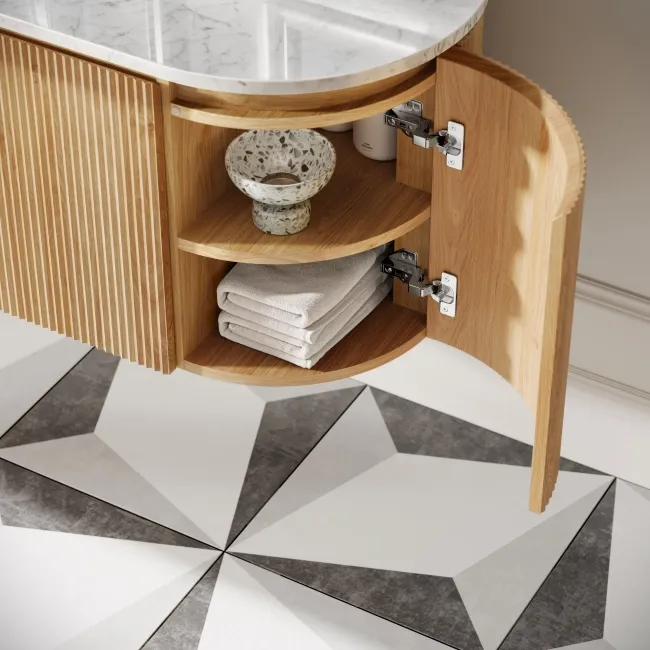 Positano Natural Oak Curved Wall Hung Vanity Drawer with Carrara Marble Top 1500mm - Basin Not Included