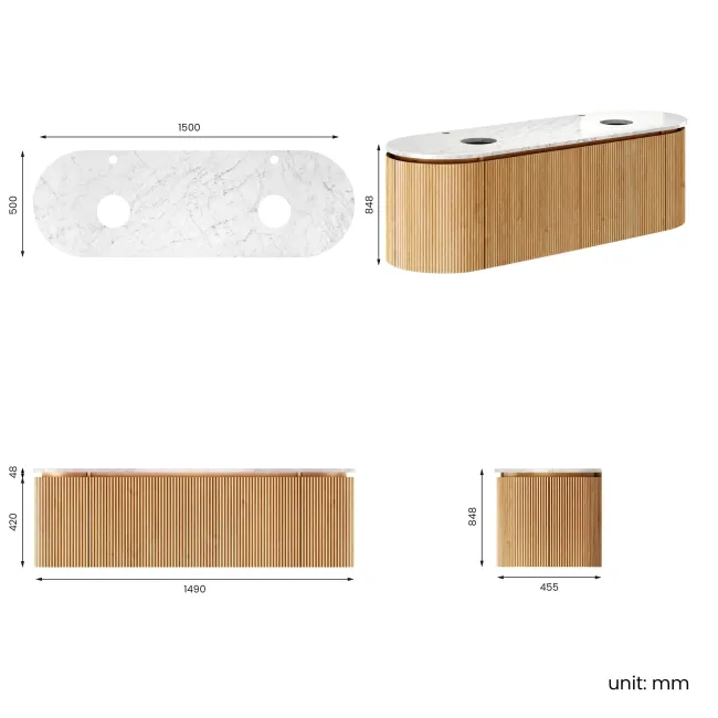 Positano Natural Oak Curved Wall Hung Vanity Drawer with Carrara Marble Top 1500mm - Basin Not Included