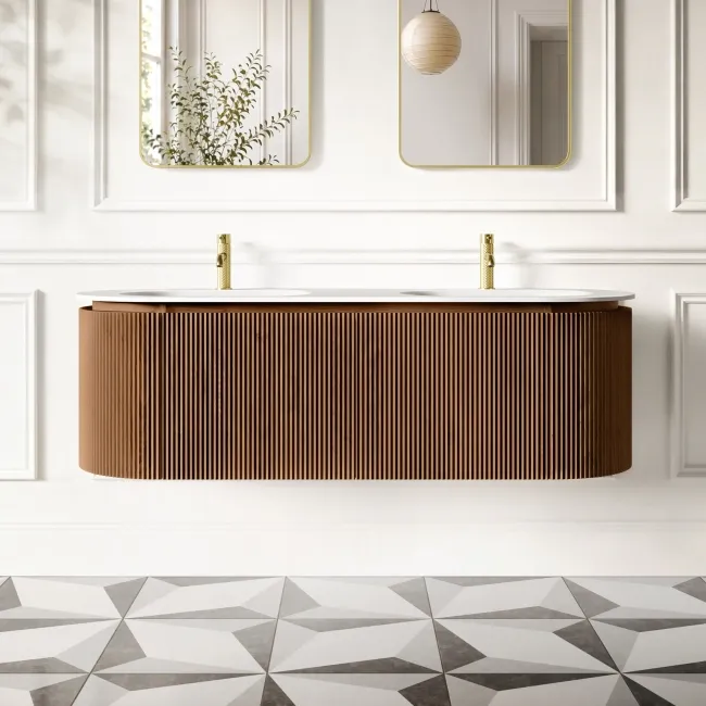 Positano Natural Walnut Curved Wall Hung Basin Drawer Vanity 1500mm