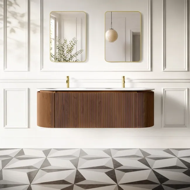 Positano Natural Walnut Curved Wall Hung Basin Drawer Vanity 1500mm
