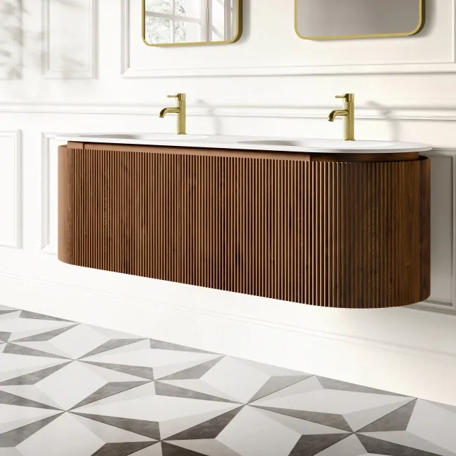 Positano Natural Walnut Curved Wall Hung Basin Drawer Vanity 1500mm