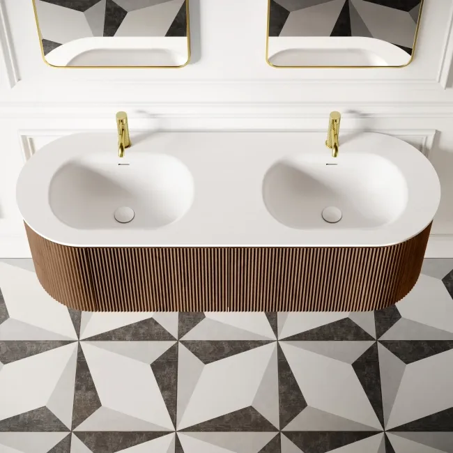 Positano Natural Walnut Curved Wall Hung Basin Drawer Vanity 1500mm