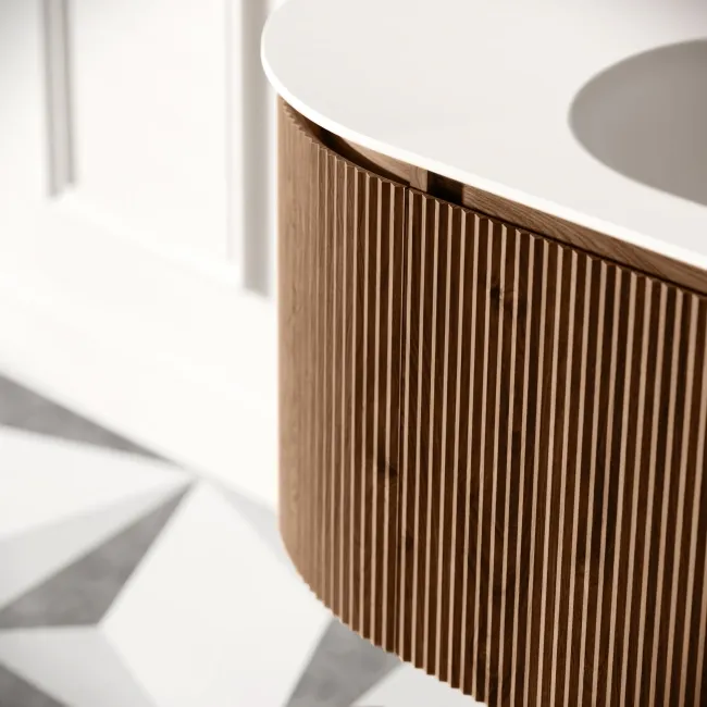 Positano Natural Walnut Curved Wall Hung Basin Drawer Vanity 1500mm