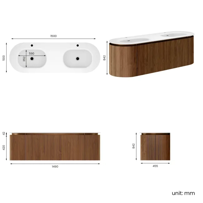 Positano Natural Walnut Curved Wall Hung Basin Drawer Vanity 1500mm