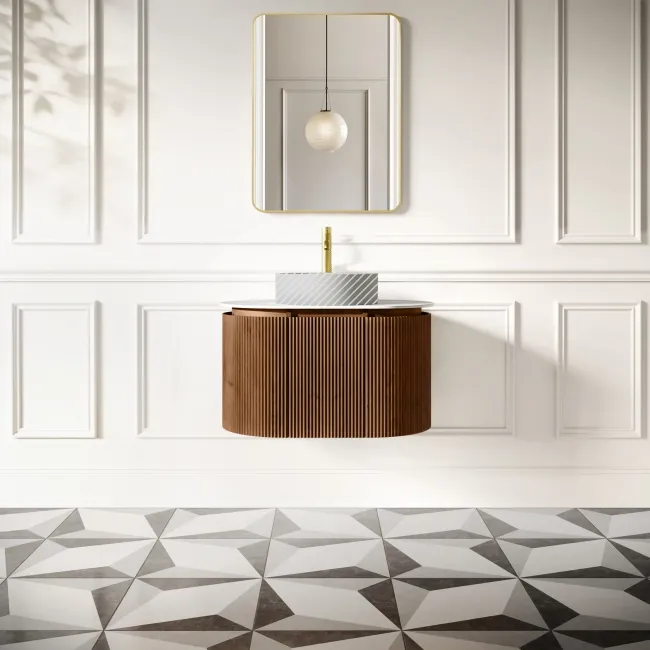 Positano Natural Walnut Curved Wall Hung Vanity Drawer with Matt White Stone Top 800mm - Basin Not Included