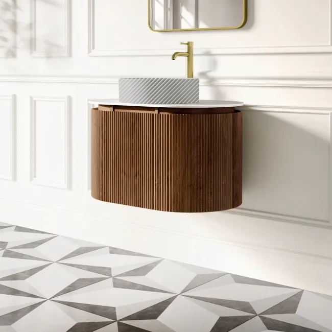 Positano Natural Walnut Curved Wall Hung Vanity Drawer with Matt White Stone Top 800mm - Basin Not Included