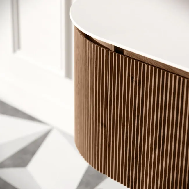 Positano Natural Walnut Curved Wall Hung Vanity Drawer with Matt White Stone Top 800mm - Basin Not Included
