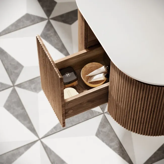 Positano Natural Walnut Curved Wall Hung Vanity Drawer with Matt White Stone Top 800mm - Basin Not Included