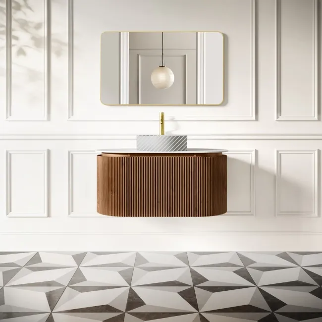 Positano Natural Walnut Curved Wall Hung Vanity Drawer with Matt White Stone Top 1000mm - Basin Not Included