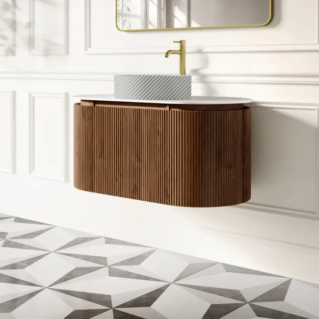 Positano Natural Walnut Curved Wall Hung Vanity Drawer with Matt White Stone Top 1000mm - Basin Not Included