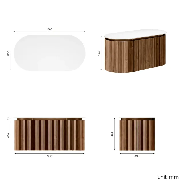 Positano Natural Walnut Curved Wall Hung Vanity Drawer with Matt White Stone Top 1000mm - Basin Not Included