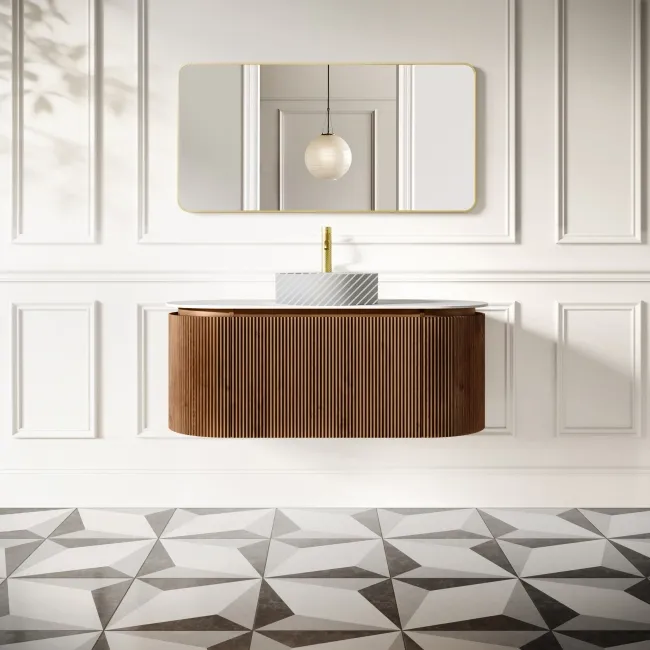 Positano Natural Walnut Curved Wall Hung Vanity Drawer with Matt White Stone Top 1200mm - Basin Not Included