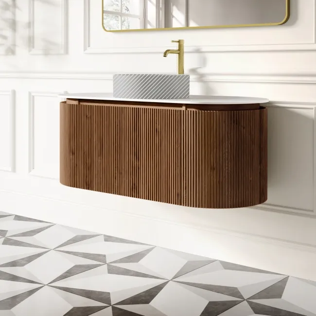 Positano Natural Walnut Curved Wall Hung Vanity Drawer with Matt White Stone Top 1200mm - Basin Not Included